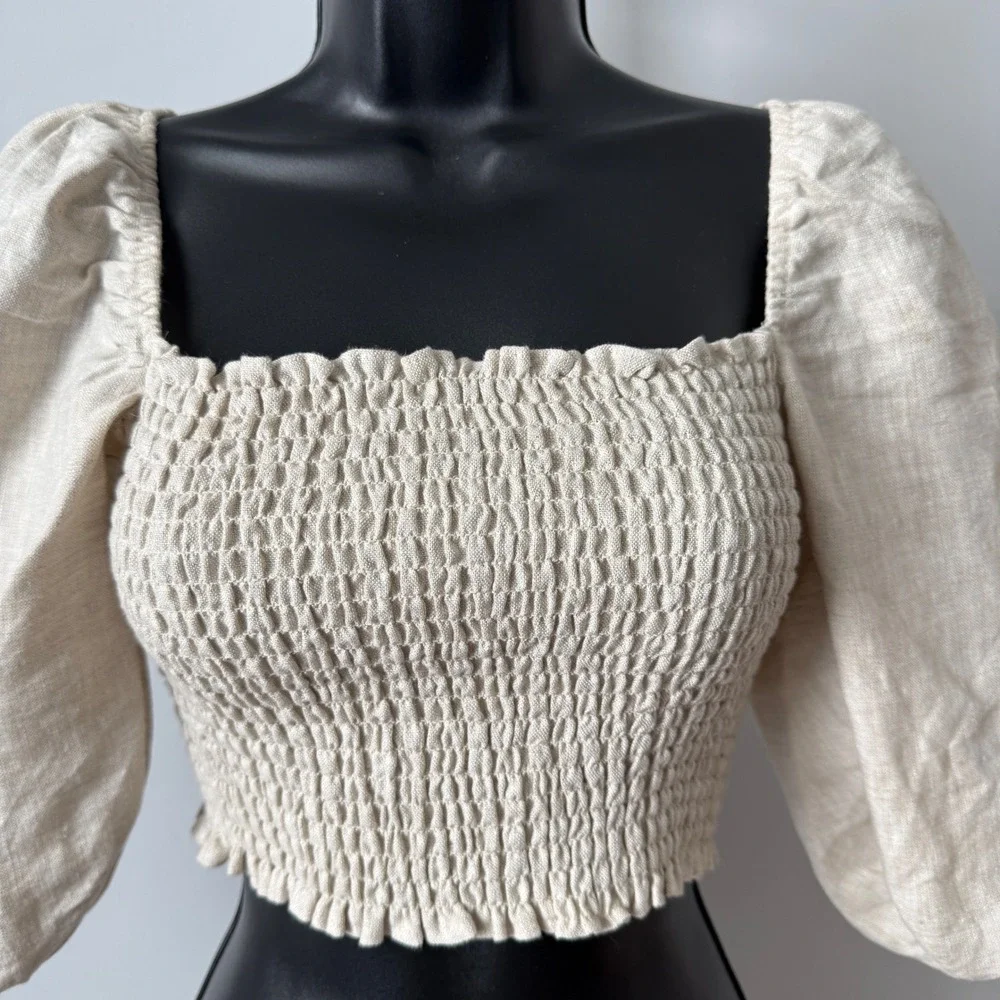 Reformation sz 2 Beige‎ 100% Linen Smocked Puff Sleeve Crop Top Blouse Cottage